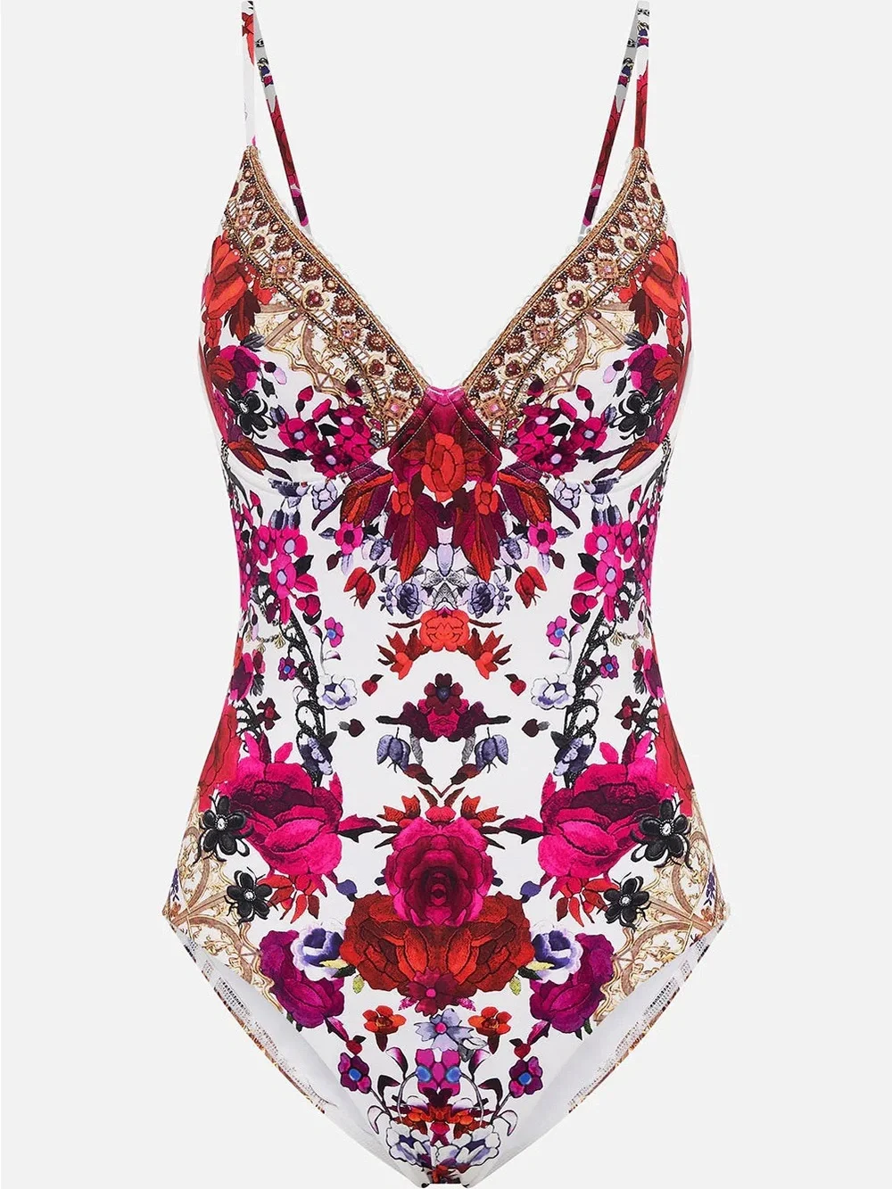 Camilla White One-Piece Swimsuit with Red and Pink Floral Print - Picture 3 of 9
